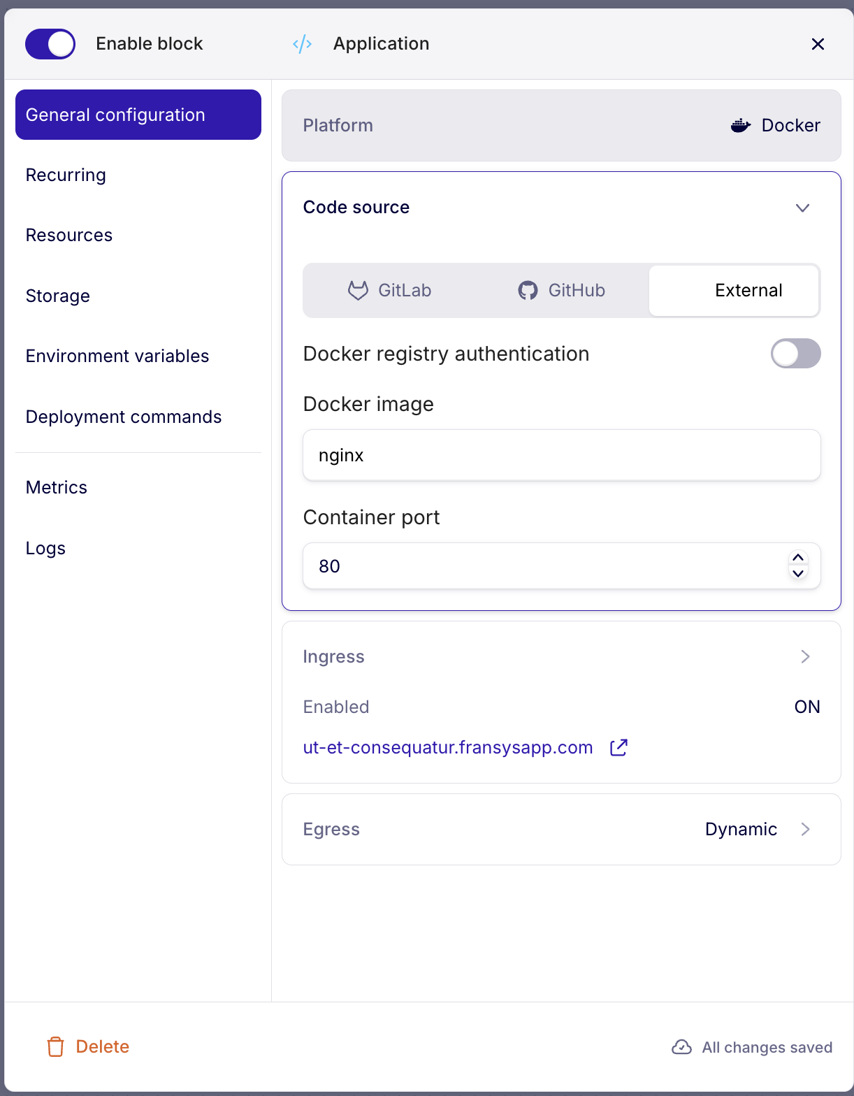 Docker block — complete configuration after providing the image