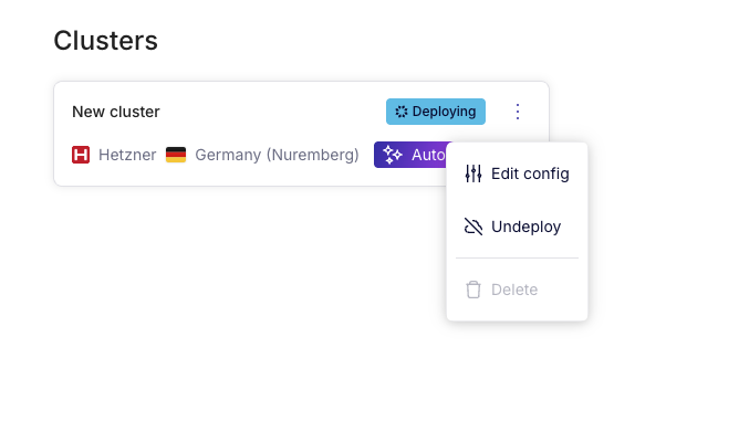 Cluster management menu