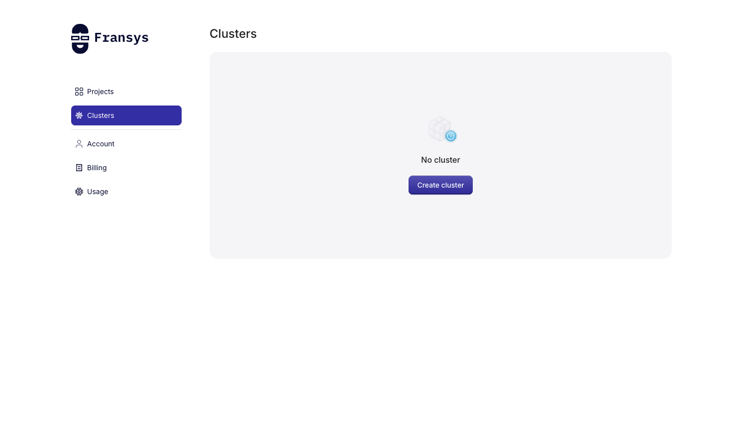 Empty clusters page — Create cluster button