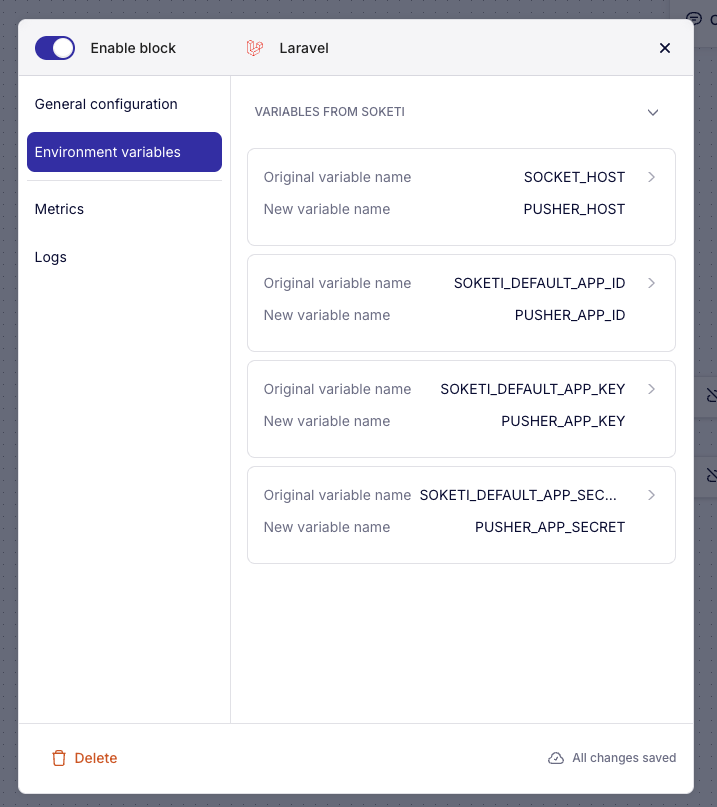 Soketi variables injected with automatic renaming