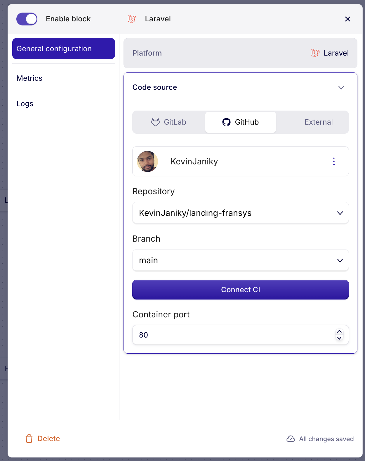 Laravel block — repository and branch selected