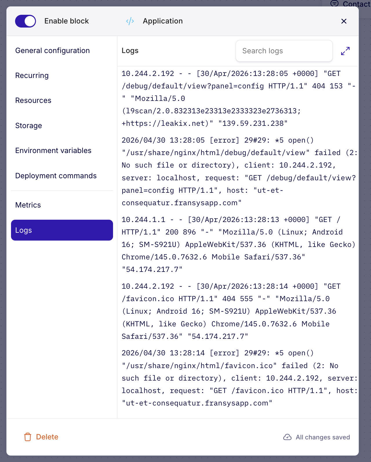 Real-time logs of an application block