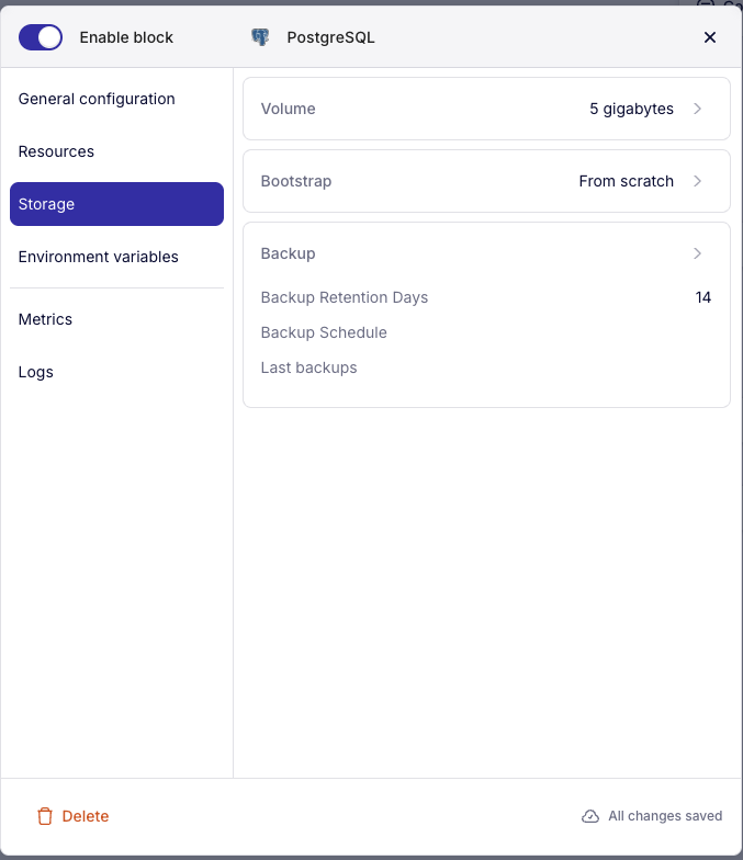 PostgreSQL storage and backup configuration